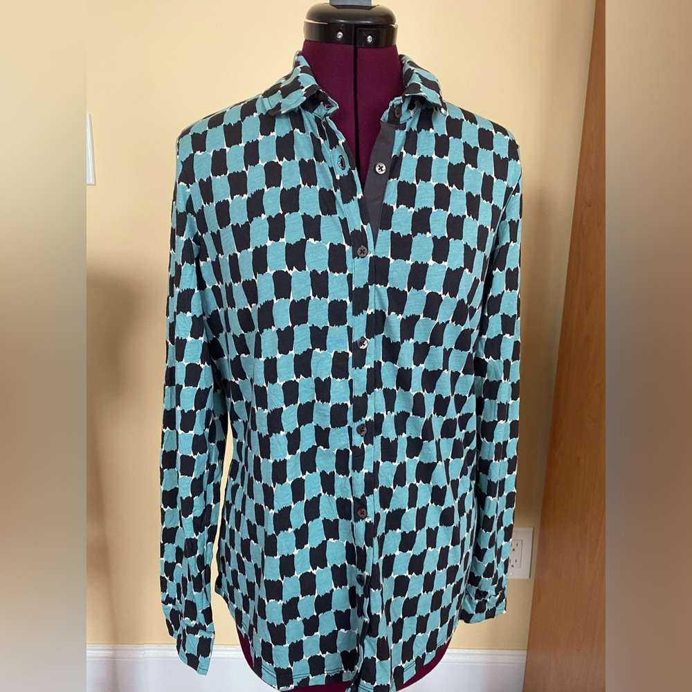 Boden Women's Long Sleeve Button Up Checkered Blue/Black Shirt US 8, New w/Tags
